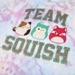 Squishmallows Team Glitter Text Crew Neck Short Sleeve Blue And Blue Pastel Tye Dye Youth Girl Tee